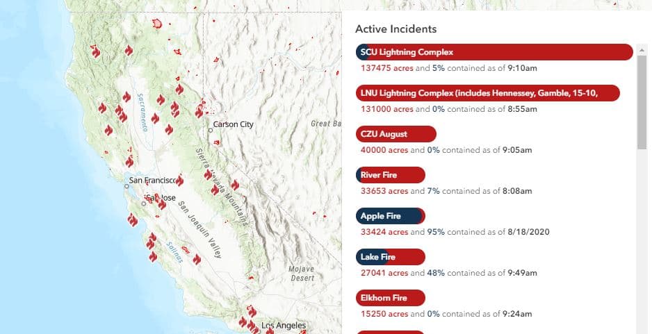Los incendios CSU Lightning Complex, LNU (que incluye los incendios Hennessey, Gambles y 15-10), CZU August, Apple Fire, Lake Fire y Elkhom Fires son los más devastadores en California.