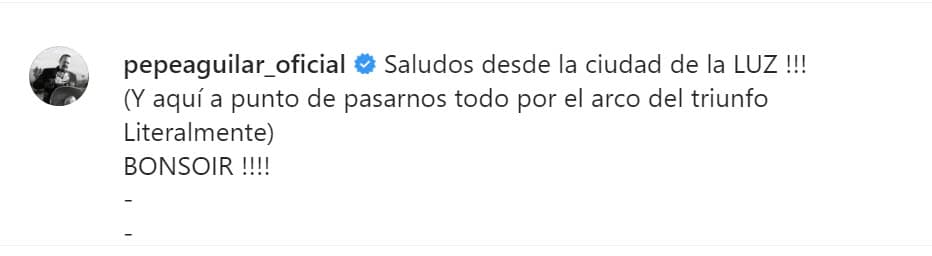 Llamó la atención el pie de foto con el que acompañó la instantánea: "Aquí
<b>a punto de pasarnos todo por el Arco del Triunfo</b>. Literalmente".
<br>
