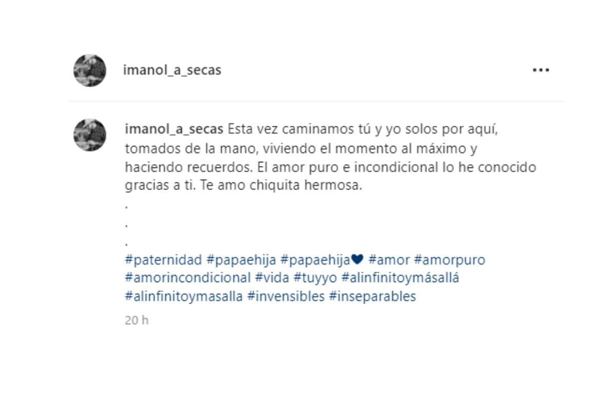Al pie de la instantánea, el protagonista de 'El niño que vino del mar' escribió un emotivo mensaje: "Esta vez caminamos tú y yo solos por aquí, tomados de la mano, viviendo el momento al máximo y haciendo recuerdos. El amor puro e incondicional lo he conocido gracias a ti. Te amo chiquita hermosa".