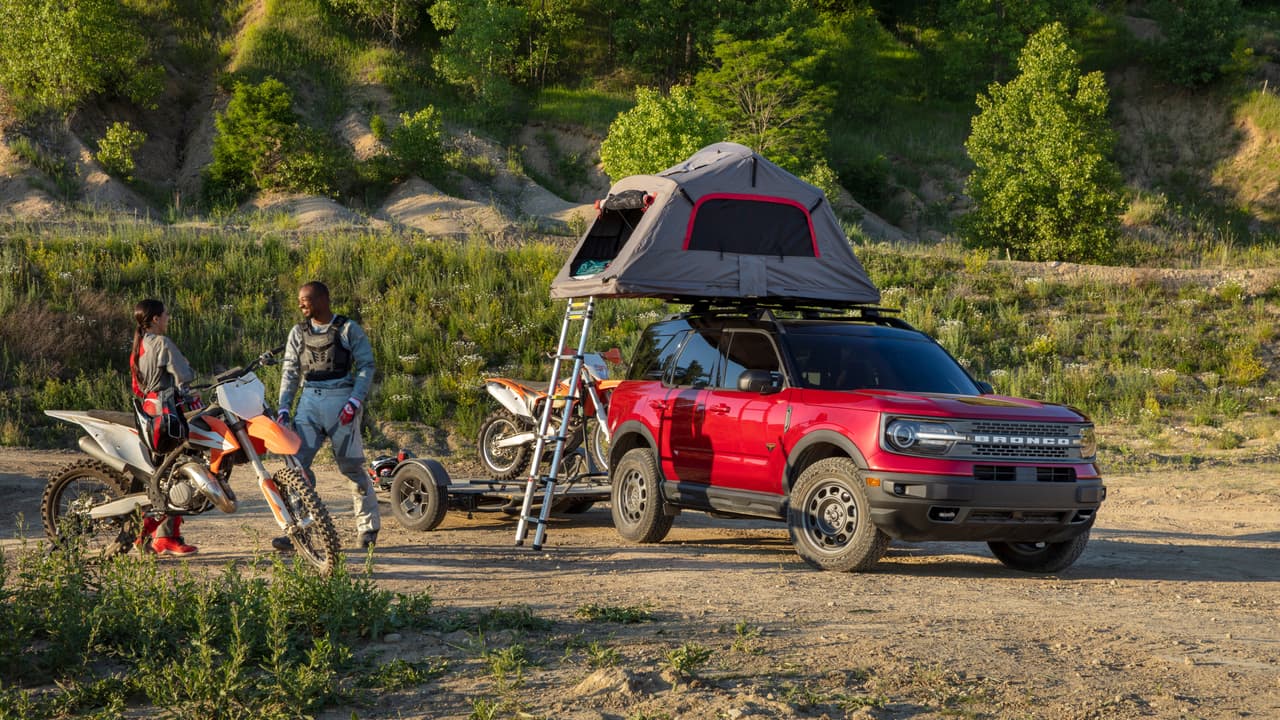 The all-new Bronco Sport offers an available overlanding-ready roof rack with capacity to make roof-top tent camping easy. (Pre-production model pictured.)