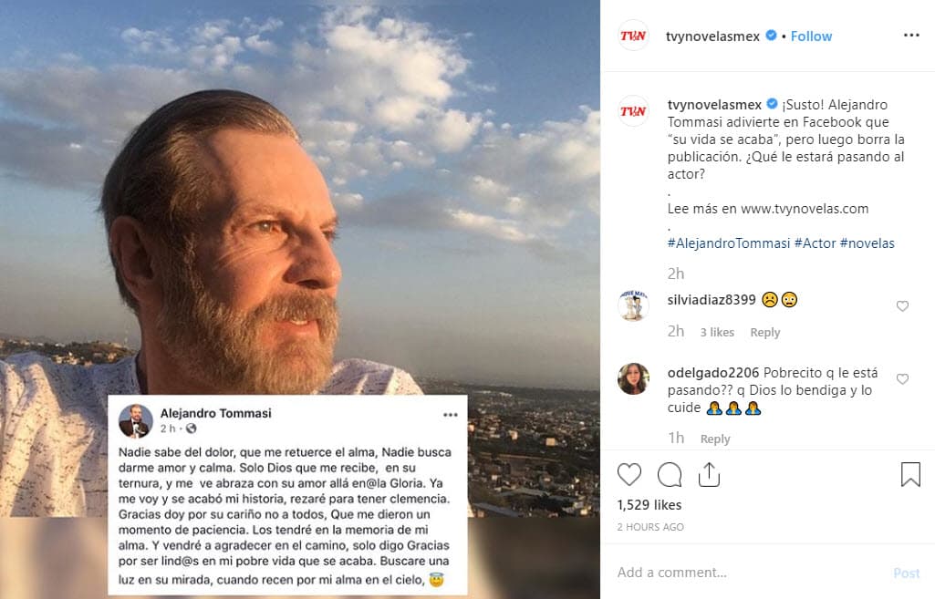 Así comenzaba el texto: "
<b><a href="https://www.univision.com/shows/el-gordo-y-la-flaca/estuvo-a-punto-de-matarme-las-desgarradoras-declaraciones-de-alejandro-tommasi-contra-su-expareja-video">Nadie sabe el dolor que me retuerce el alma</a></b>. Nadie busca darme amor y calma. Solo Dios que me recibe en su ternura y me abraza con su amor allá en la gloria".
<br>