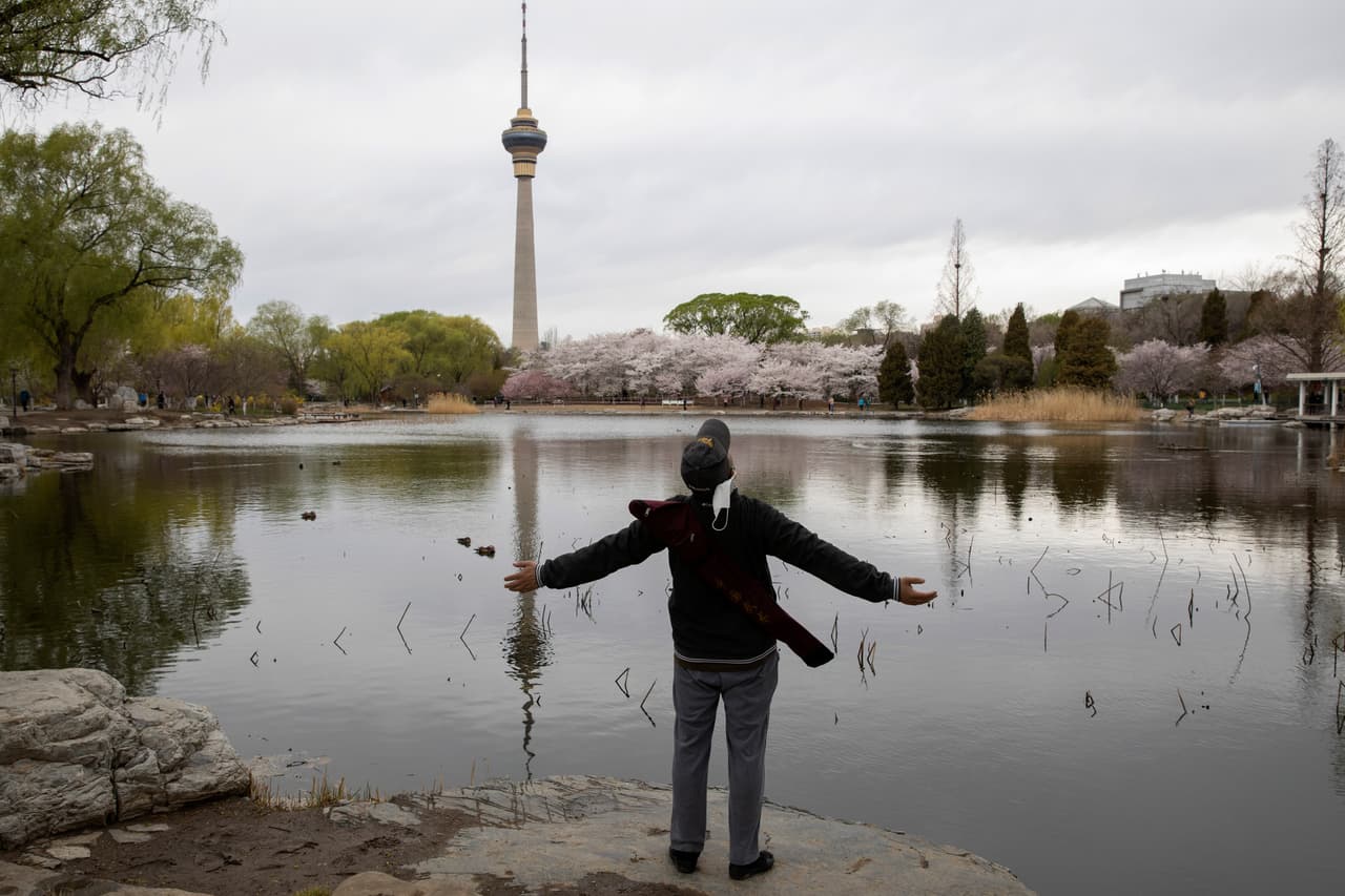 <b>Un respiro frente a la naturaleza.</b> Un hombre se quita la mascarilla para estirarse y tomar aire profundamente frente a los árboles floridos de un parque en Beijing, China. 26 de marzo.