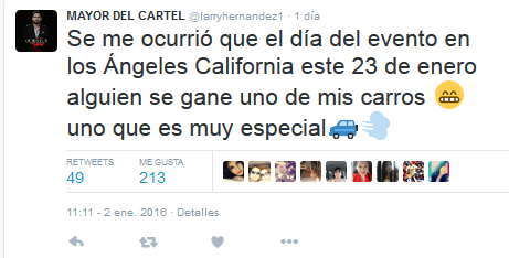 "Se me ocurrió que el día del evento en Los Ángeles California, que será el 23 de enero alguien se gane uno de mis carros, uno que es muy especial", publicó el músico en sus redes.