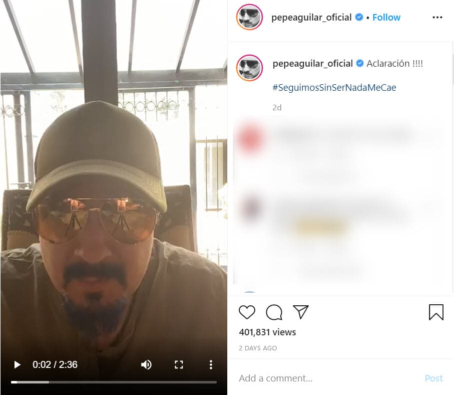 Tras lo que declaró contra Pepe Aguilar, el veterano le contestó en 
<b><a href="https://www.instagram.com/p/CAGcZJvnyhd/" target="_blank">un video</a></b> en Instagram el 12 de mayo: "Hay un joven que canta música de esa que dicen de 'corridos tumbados' que pensó que estaba hablando de él. Okey, qué tan poca autoestima tienes que tener que cuando un güey dice 'se debe de dejar hacer música pinche y chafa' pienses que están hablando de ti, qué pinche autoestima tan bajita tienes güey".
<br>