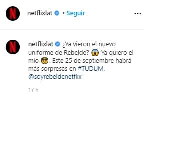 El elenco de 'Rebelde' replicó la foto en sus cuentas de redes sociales invitando a que no se pierdan más detalles sobre la serie en la primera emisión de TUDUM, evento de Netflix que se llevará a cabo el 25 de septiembre.