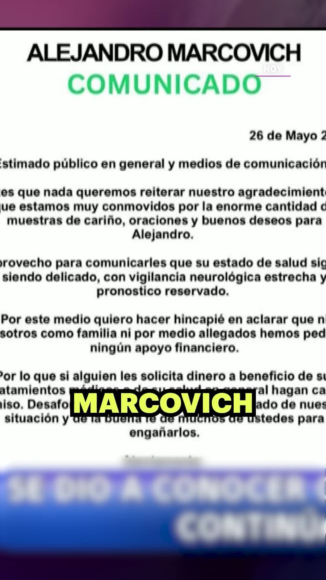 La familia de Alejandro Marcovich niega pedir apoyo económico