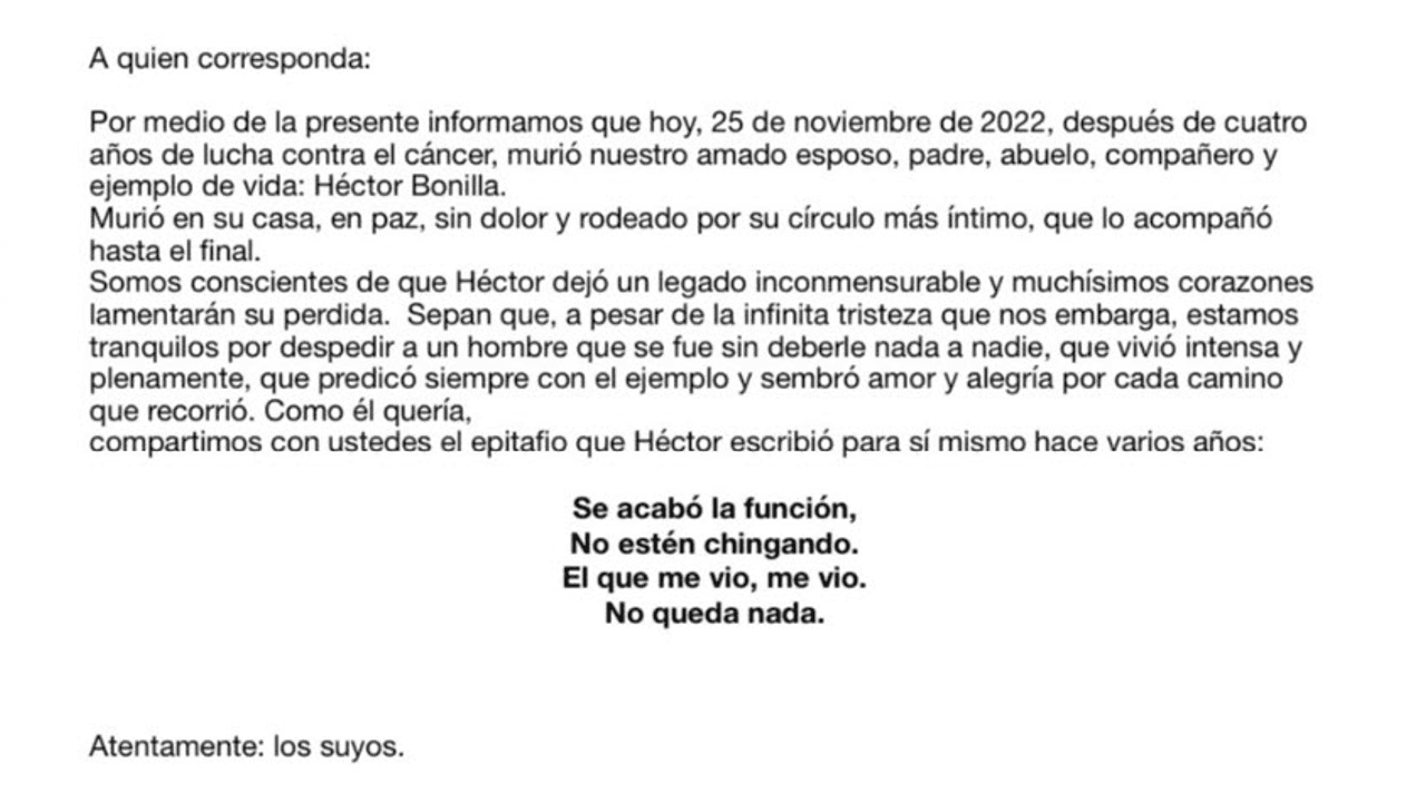 Comunicado de la familia de Héctor Bonilla.