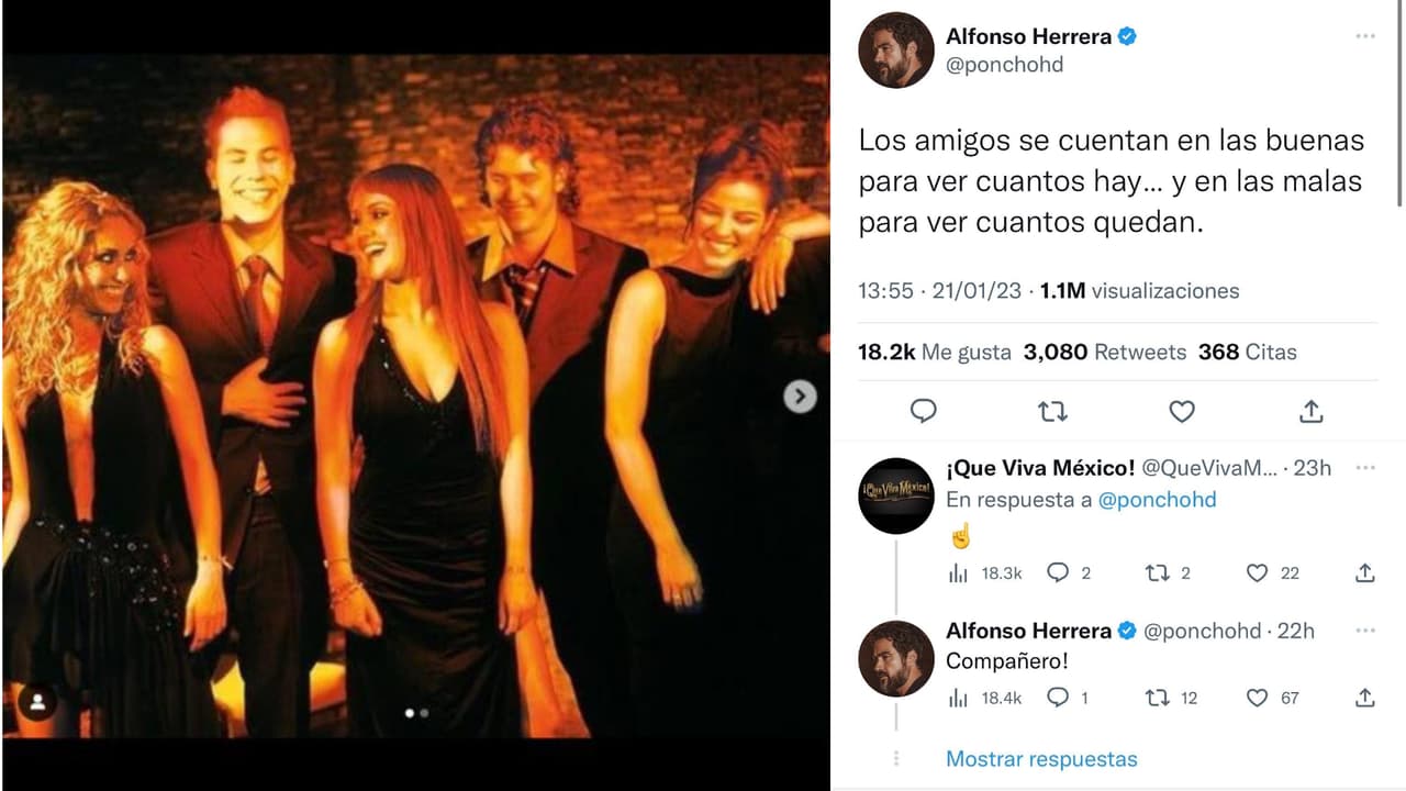 A la izquierda una de las fotos en las que fans de RBD acusaron a los integrantes del grupo de 'cortar' a 'Poncho' Herrera, quien horas después lanzó un mensaje hablando sobre los amigos y la amistad.