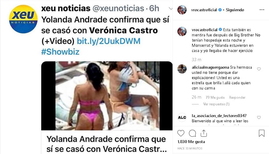 "Esta también es mentira, fue después de 'Big brother'. No tenían hospedaje esta noche y Montserrat y Yolanda estuvieron en casa y yo llegaba de hacer ejercicio", explicó Castro 
<b><a href="https://www.instagram.com/p/B1_6qJHHeFx/" target="_blank">en su publicación. </a></b>