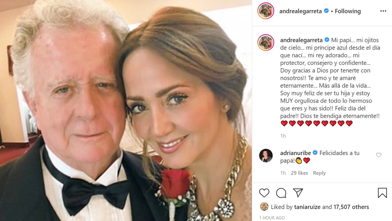 La presentadora honró a su padre con
<b><a href="https://www.instagram.com/p/CBs1mekjIDa/" target="_blank"> esta foto</a></b> al lado de él y un cariñoso mensaje: "Mi papi... mi ojitos de cielo... mi príncipe azul desde el día que nací... mi rey adorado... mi protector, consejero y confidente... ¡Doy gracias a Dios por tenerte con nosotros! Te amo y te amaré eternamente... Más allá de la vida... ¡Soy muy feliz de ser tu hija y estoy muy orgullosa de todo lo hermoso que eres y has sido! ¡Feliz Día del Padre! ¡Dios te bendiga eternamente!".
<br>
