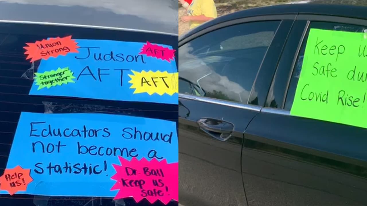 Padres y maestros protestan frente a las oficinas de Judson ISD ante el regreso a clases 