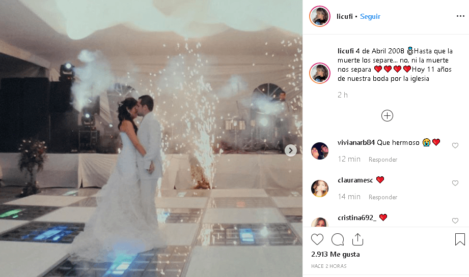 “Hasta que la muerte los separe... 
<b>no, ni la muerte nos separa.</b> Hoy 11 años de nuestra boda por la iglesia”. Es el mensaje con el que Linda Cuevas Figueroa da inicio a una secuencia de imágenes recordando ese día.