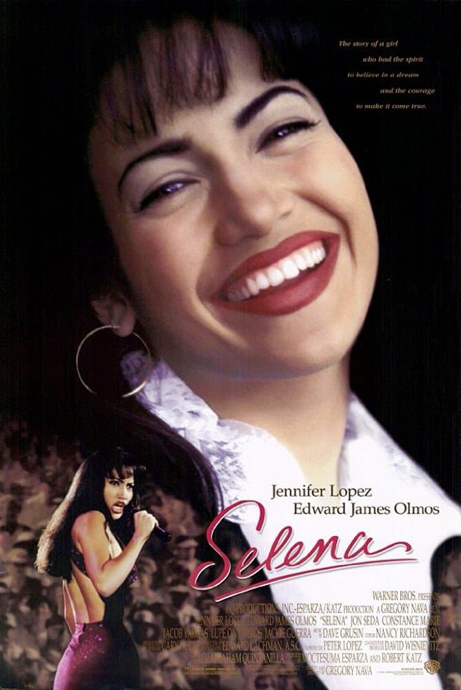 <h3 class="cms-h3-H3"><i>Selena</i></h3>
<br>Fecha de estreno: marzo 21 de 1997
<br>Director: Gregory Nava
<br>Elenco: 
<a href="http://www.imdb.com/name/nm0000182?ref_=tt_ov_st_sm">Jennifer Lopez</a>, 
<a href="http://www.imdb.com/name/nm0001579?ref_=tt_ov_st_sm">Edward James Olmos</a>, Jon Seda