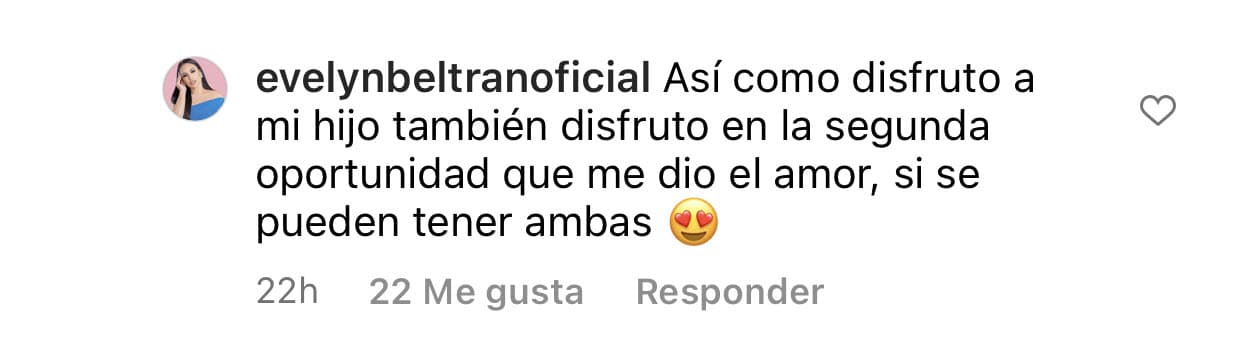 "Así como disfruto a mi hijo, también disfruto la
<b>segunda oportunidad que me dio el amor</b>", respondió la 'influencer', quien reside en Austin, Texas.
<br>