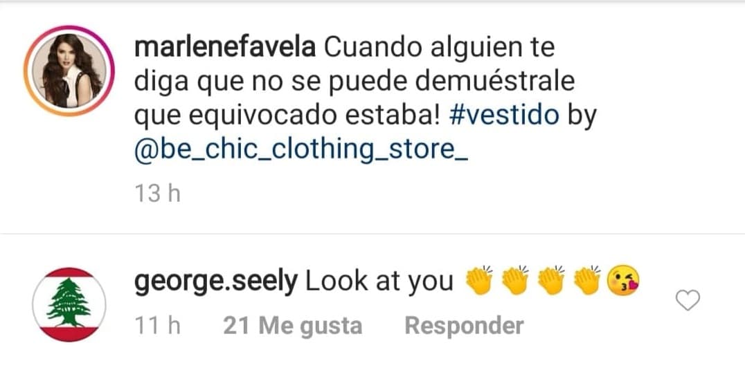 Las imágenes tuvieron una reacción positiva por parte de su esposo, el empresario australiano
<b><a href="https://www.instagram.com/george.seely/?hl=es-la" target="_blank">George Seely</a></b>, quien le dejó un piropo:
<b><a href="https://www.univision.com/famosos/marlene-favela-ya-perdio-18-de-las-20-libras-que-aumento-en-su-embarazo-video" target="_blank">"Mírate"</a></b>, junto a unos emoticonos de un beso y aplausos.