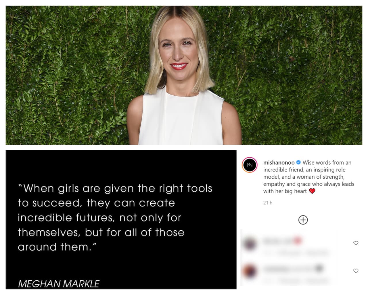 La diseñadora de moda Misha Nonoo, otra de las grandes y más cercanas amigas de la duquesa, resaltó el valor de Meghan Markle: "
<b><a href="https://www.instagram.com/p/CMIAglsh_fA/" target="_blank">Palabras sabias de una amiga increíble</a></b>, un modelo inspirador a seguir y una mujer de fuerza, empatía y gracia que siempre lidera con su gran corazón".