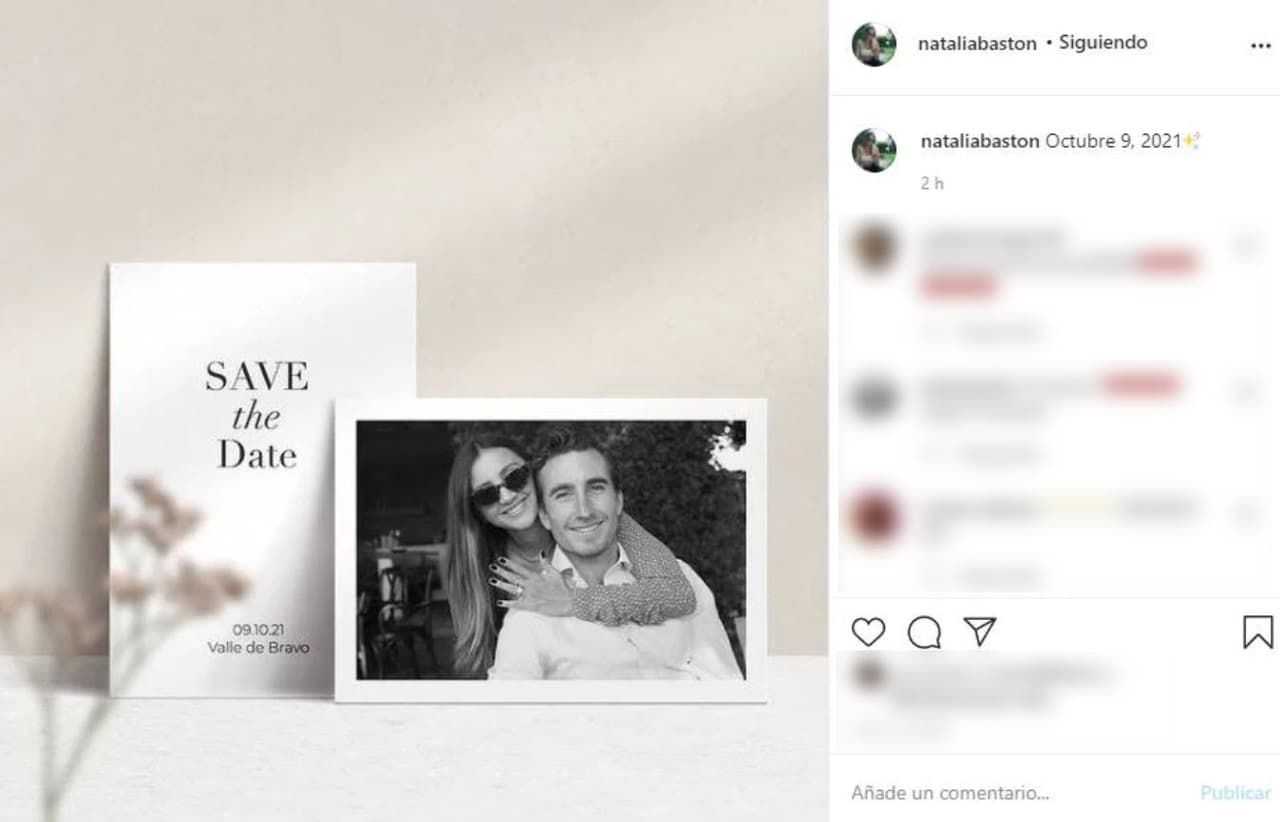 En la publicación aparece junto a su prometido 
<b>José Eugui </b>y pide que "aparten la fecha" 
<b>9 de octubre de 2021</b>.
<br>