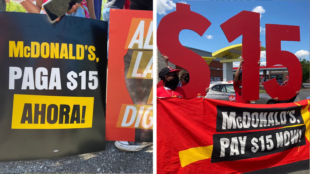 Cocineros y cajeros de McDonald's en Durham marcharon el miércoles para exigir que el salario mínimo sea aumentado a $ 15 la hora.
