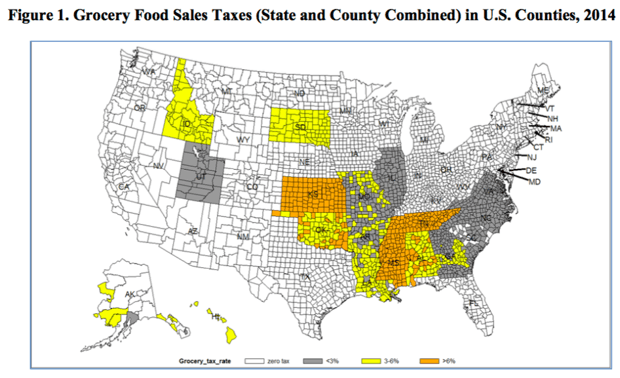 Los condados en naranjo son los que aplican más impuestos a la comida. En blanco, los que no tienen.