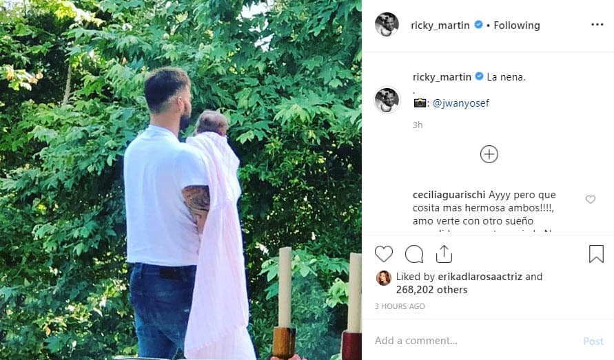 Sin embargo, este 17 de mayo el cantante publicó una foto en donde tiene a Lucía en brazos, momento captado por su esposo Jwan Yosef. "La nena", son las palabras que acompañan a la imagen.