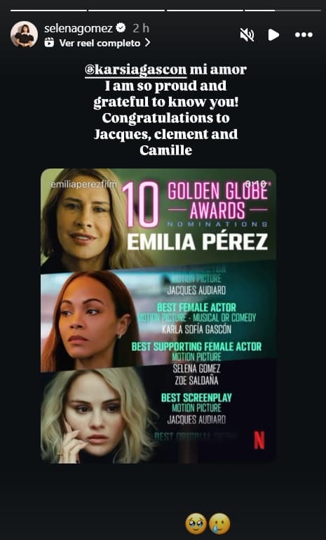 Selena Gómez felicitó a sus compañeros en 'Emilia Pérez' por sus nominaciones en los Golden Globes.