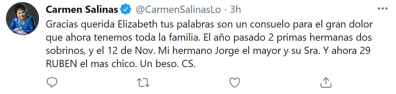 La actriz recibió condolencias de parte de su público en redes sociales y ella mostró su agradecimiento por el apoyo.
<br>