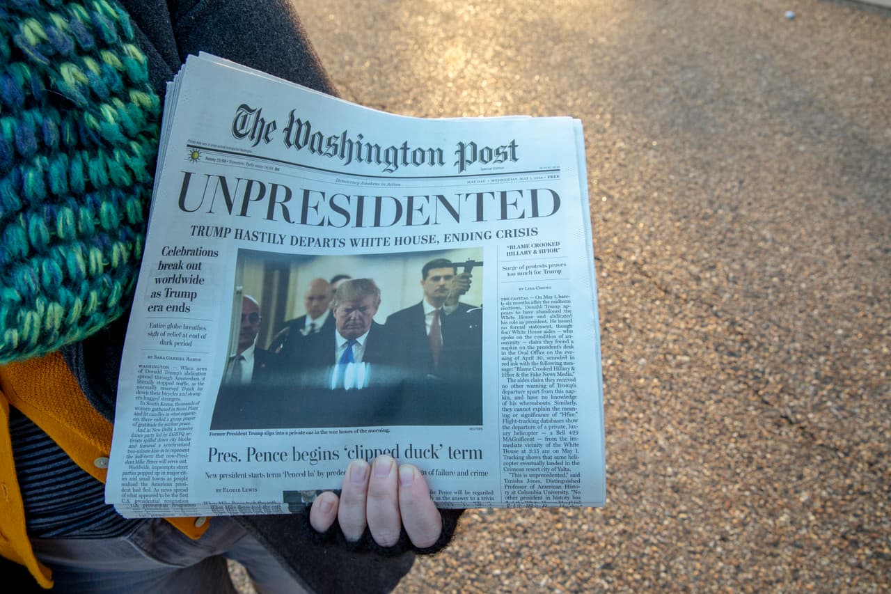 La circulación en Washington DC del periódico impostor fue presentada a los lectores como una 'edición especial' porque supuestamente había renunciado Trump.