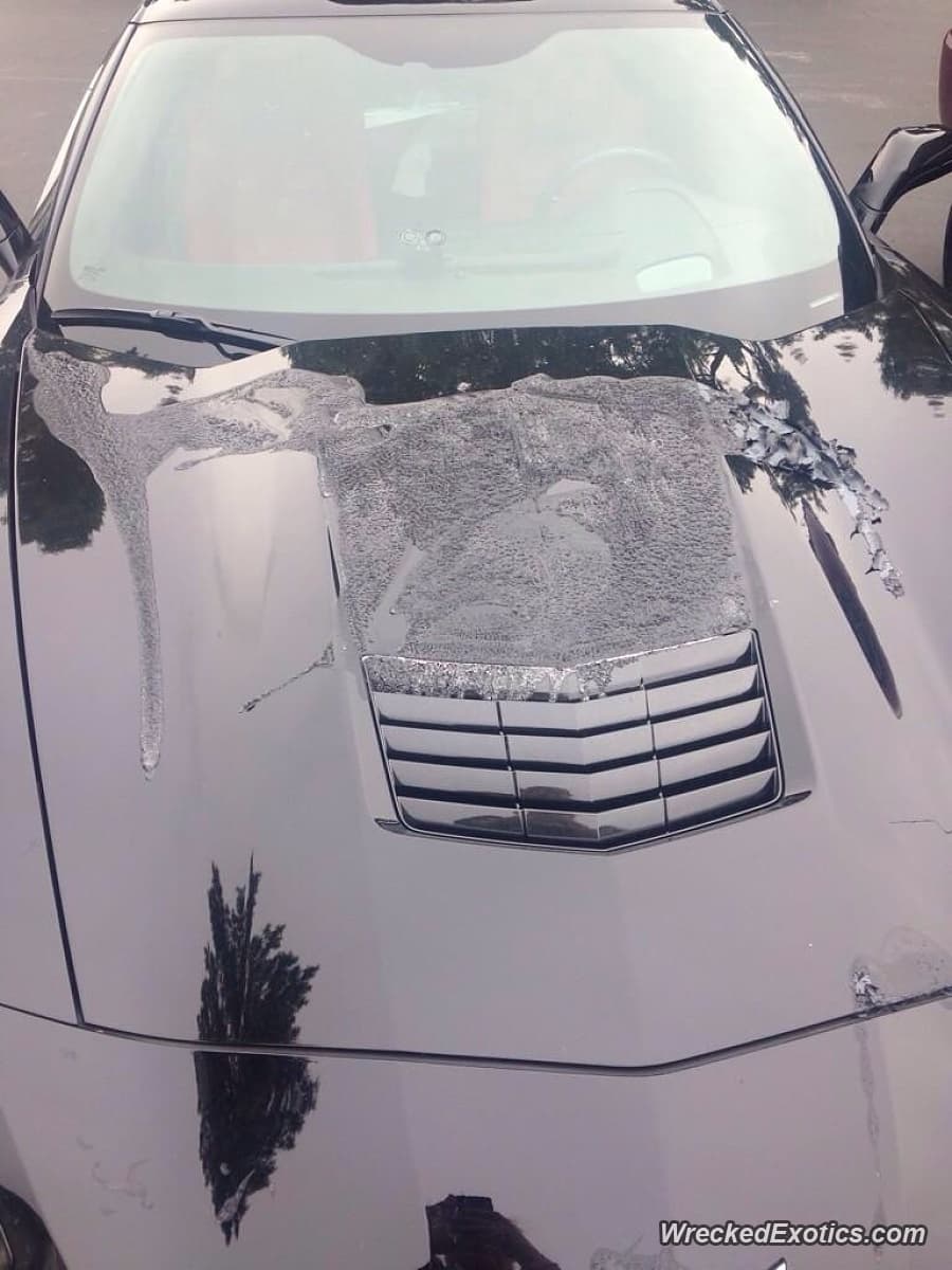 <b>Chevrolet Corvette Stingray (C7)</b>
<br>No conocemos las circunstancias en que ocurrió este incidente de vandalismo pero es claro que contó con una dosis generosa de saña. El ácido destruyó la tapa del motor de este Corvette Stingray que parecía estar bastante nuevo.
<br>