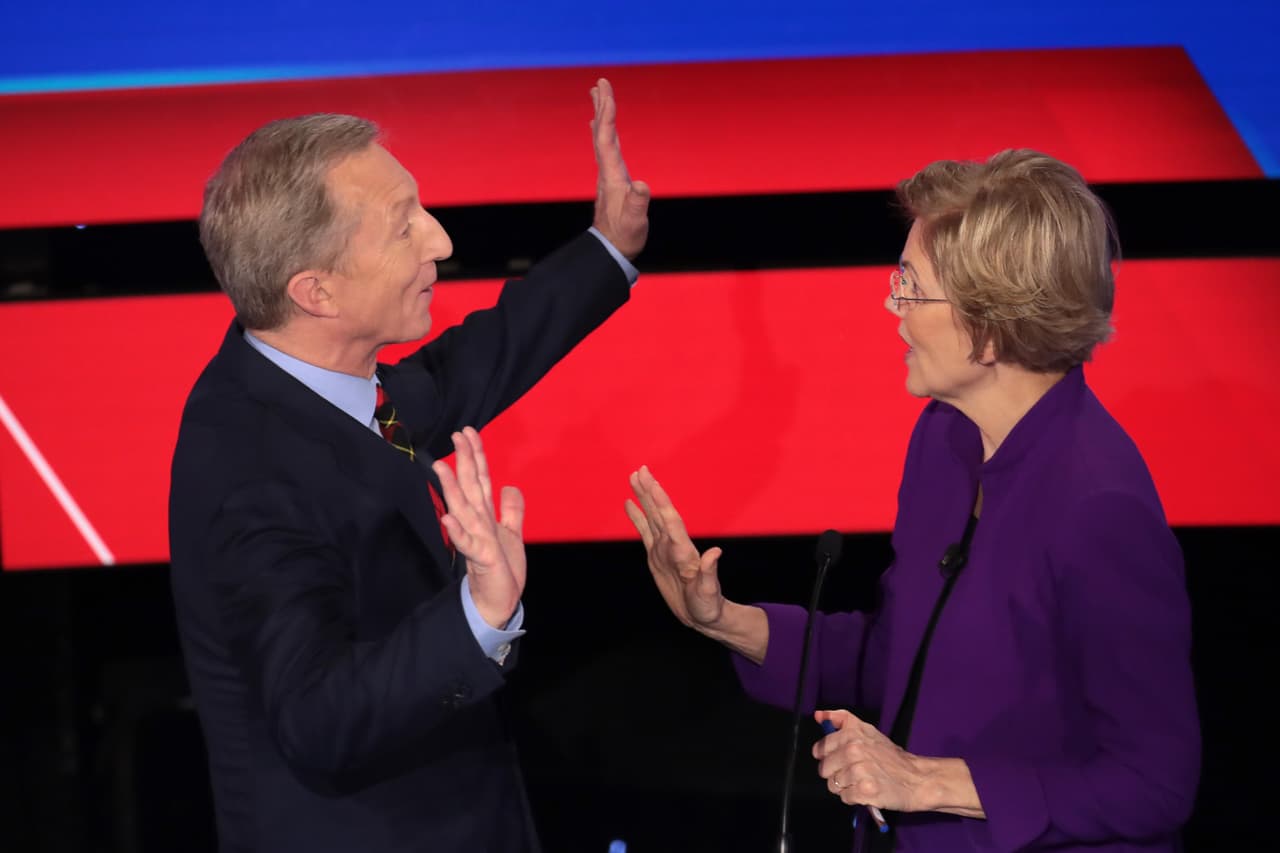 El momento de un cruce verbal entre el aspirante Tom Steyer y la senadora Elizabeth Warren. El millonario y activista, que llega al 2%, habló desde su visión de los negocios sobre la defensa del medio ambiente.