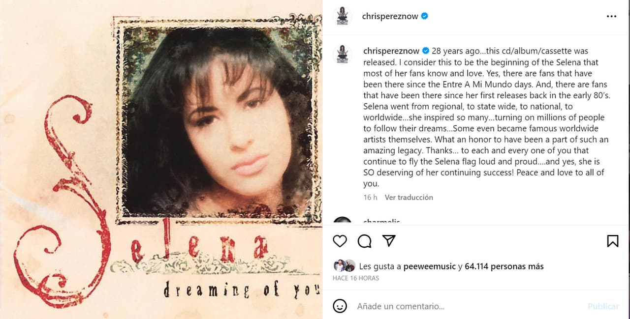 "Considero que 
<b>esto es el comienzo de la Selena</b> que la mayoría de sus fans conocen y aman. Sí, hay fans que han estado allí desde los días de 'Entré a mi mundo'. Y hay fans que han estado allí desde sus primeros lanzamientos a principios de los 80", escribió el músico en Instagram para después destacar el legado de quien fue su esposa.