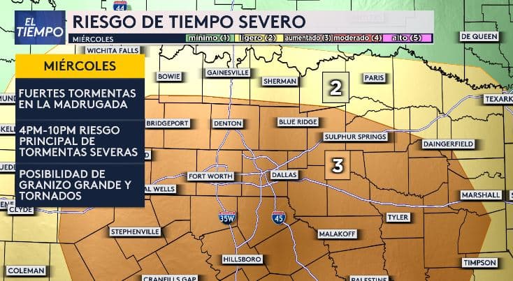 Riesgo de tiempo severo en Dallas - Fort Worth y el norte de Texas, miércoles 26 de abril.