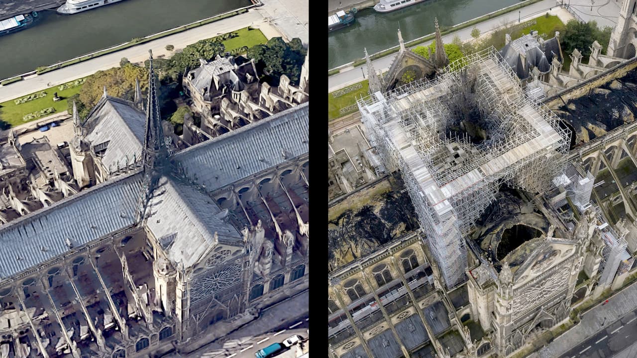La devastación desde el aire: fotografías interactivas de donde comenzó el incendio en Notre Dame
