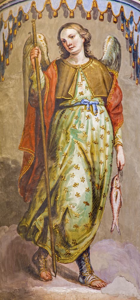 Por esto mismo, en muchas de sus representaciones, se le ve con un pez o dos, como referencia a esta historia bíblica en la que ayudó a Tobías y Sara. El pez simbolizaría la vida y regeneración espiritual. Además, también se apoya en un bastón, que usó durante su travesía, por lo que también se le considera el patrono de los peregrinos.