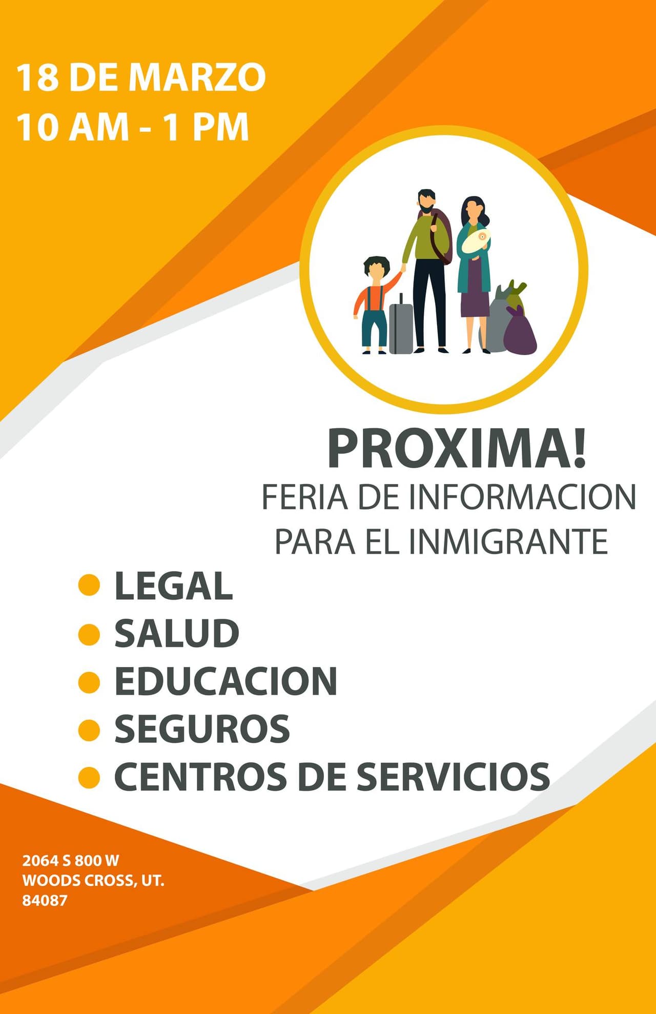 <b>Feria de Inmigrantes del Condado de Davis</b>
<br>Toda la información que quieras saber y en español la podrás obtener de 10:00 de la mañana a la 1:00 de la tarde, el sábado 18 de marzo en Woods Cross. Conozca los recursos disponibles para los inmigrantes latinos, estos recursos incluyen ayuda legal, de salud, educación, seguros y servicios.