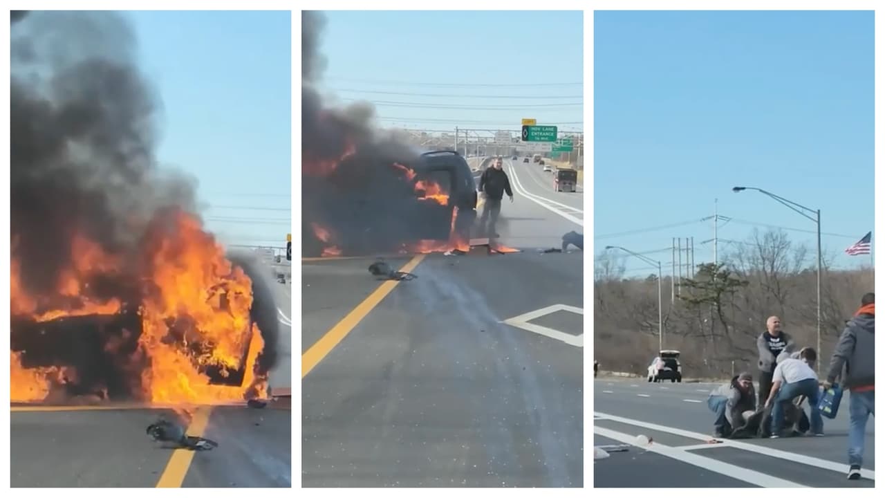 Rescate en plena autopista: desconocidos sacan a mujer de un auto en llamas