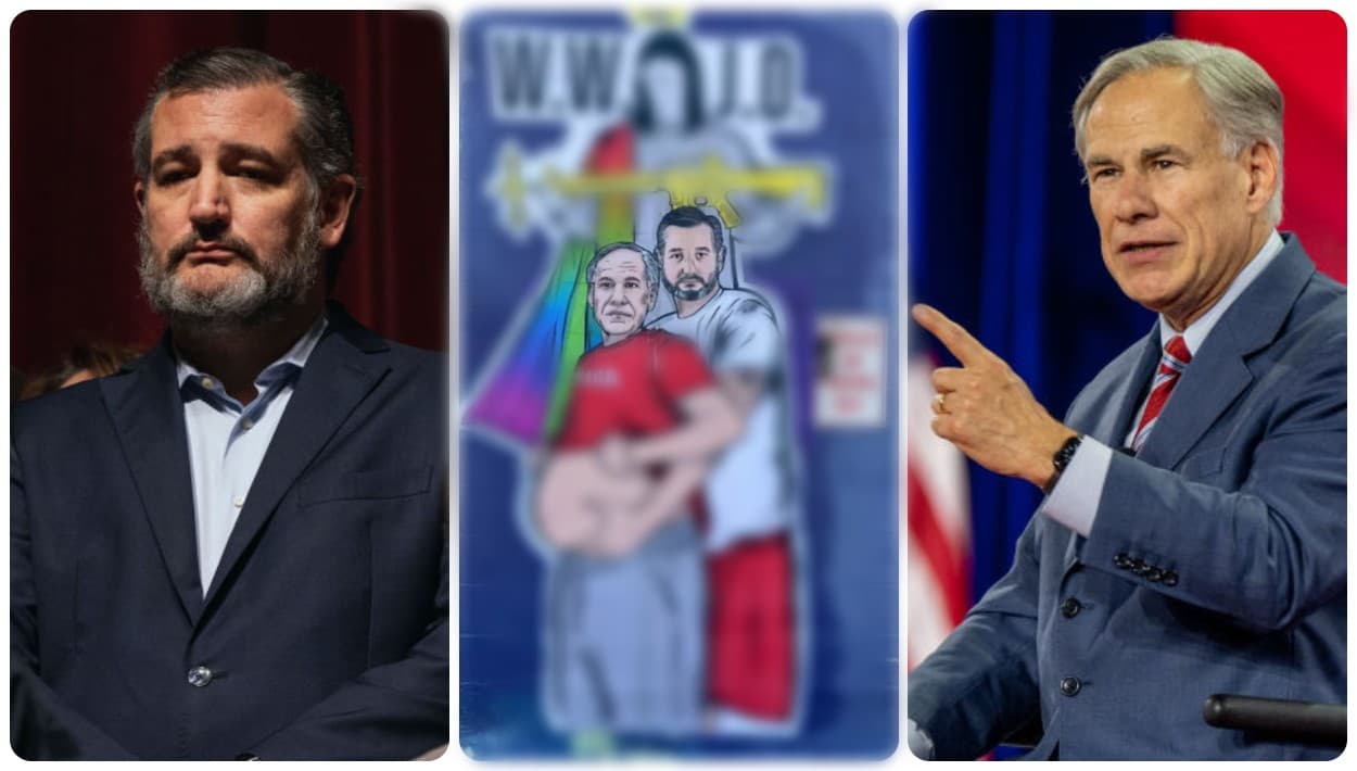 Aparece calcomanía gigante del senador Ted Cruz abrazando al gobernador Greg Abbott embarazado