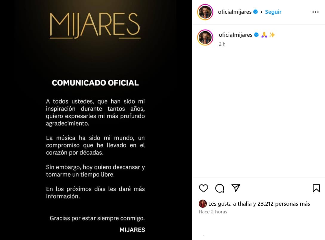 Mijares anunció que desea tomarse un "tiempo libre".