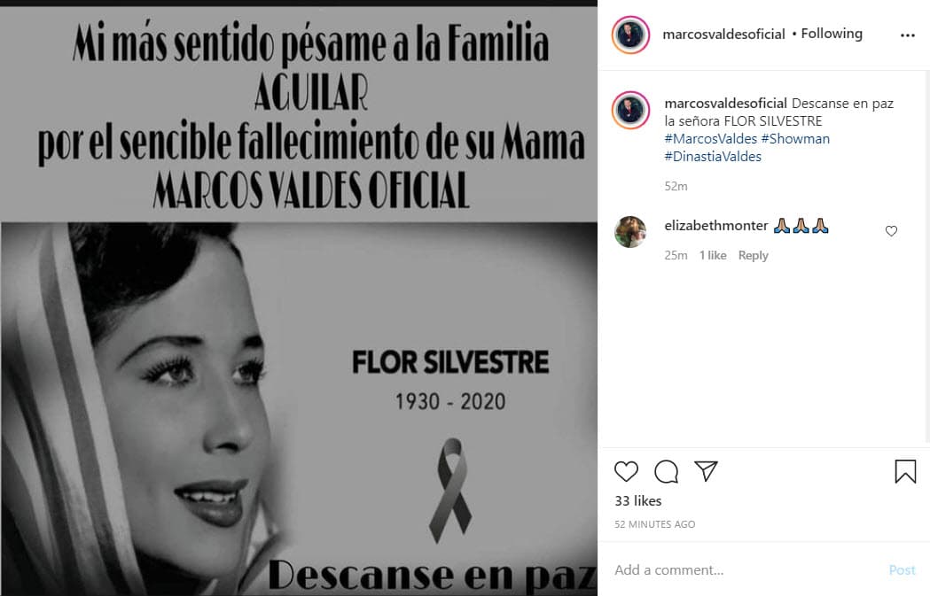 Marcos Valdés, quien perdió a su padre Manuel 'El Loco' Valdés el pasado 28 de agosto, dedicó esta publicación en Instagram: "Mi más sentido pésame a la familia Aguilar por el sensible fallecimiento de su mamá".