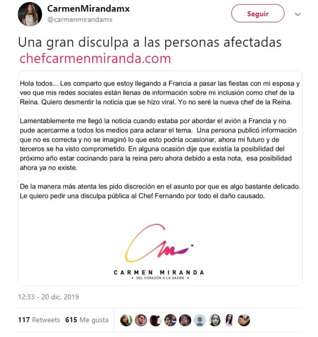 La potosina publicó un comunicado en su cuenta de 
<b><a href="https://twitter.com/carmenmirandamx/status/1208123331372650496" target="_blank">Twitter</a></b> el pasado viernes, donde desmiente la noticia.
