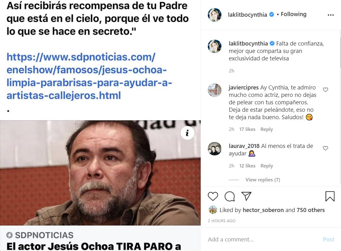 Con la imagen del artículo y un toque de ironía, la actriz escribió el siguiente mensaje: "Falta de confianza, 
<b>mejor que comparta su gran exclusividad</b> de Televisa", refiriéndose al pago que le da la televisora a la que él pertenece.
<br>