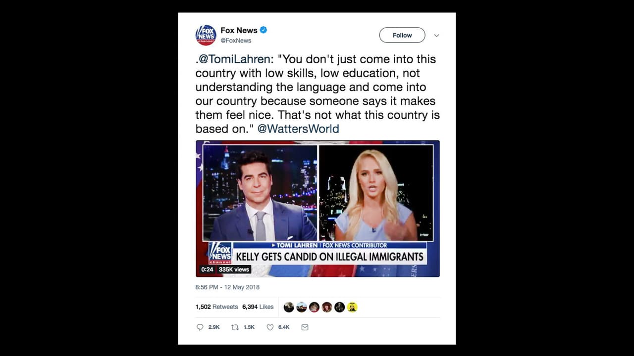 “No puedes venir a este país con pocas habilidades, poca educación, sin entender el idioma y no puedes venir a nuestro país porque alguien te dice que se siente bien. Eso no es en lo que se basa este país”, 
<a href="https://twitter.com/foxnews/status/995467839900352512?lang=es">dijo Lauren en una intervención en Fox News.</a>