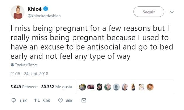 <b><a href="https://www.univision.com/entretenimiento/khloe-kardashian-se-lanza-a-la-yugular-de-fan-que-critico-a-su-pequena-true" target="_blank">“Extraño estar embarazada</a></b> por algunas razones, pero realmente lo extraño porque solía tener una excusa para ser antisocial e irme a la cama temprano sin sentir ningún tipo de culpa”, escribió la empresaria en su cuenta de Twitter.
<br>