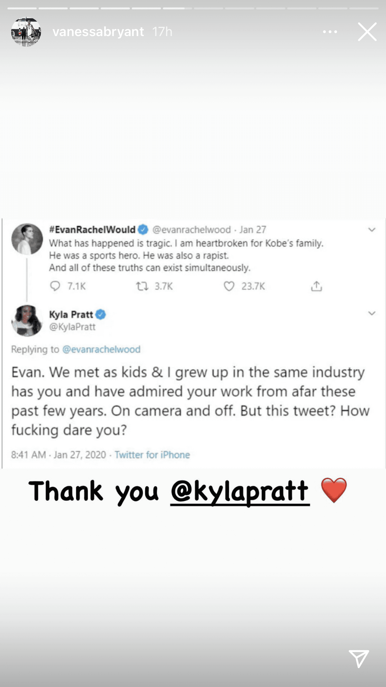 Cuando Evan Rachel Wood tuiteó su mensaje sobre Kobe Bryant, hubo quienes salieron en su defensa como la actriz Kayla Pratt, estrella de las cintas de 'Dr. Dolittle', un gesto que ahora agradeció la viuda del legendario basquetbolista. 
<br>