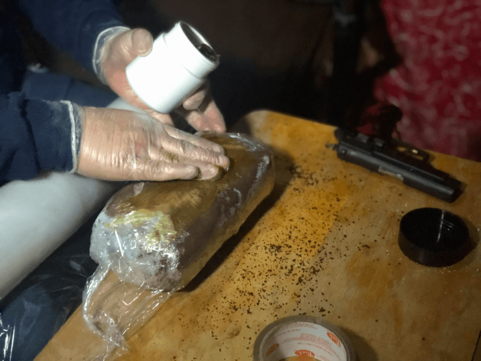 Subsequently, the package is smeared with automotive grease to make the drugs blend in with the smell of the secret compartments in smuggling vehicles.