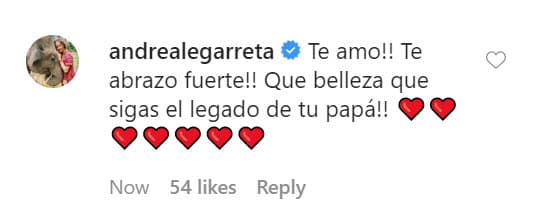 "¡Te amo! ¡Te abrazo fuerte! ¡Qué belleza que sigas el legado de tu papá!", le escribió. 
<br>