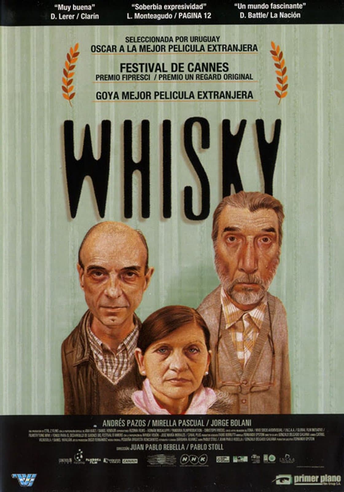 Whisky(2004), UruguayDirector: Juan Pablo Rebella, Pablo StollReparto: Andrés Pazos, Mirella Pascual, Jorge BolaniJacobo dirige una fábrica de calcetines y vive una vida común sin demasiadas expectativas, hasta que su exitoso hermano anuncia que irá a visitarlo y se apresura para intentar impresionarlo. Le pedirá a su secretaria que pose como su esposa, dando pie a la comicidad. Su dominio de la sutileza le hizo triunfar en Cannes.