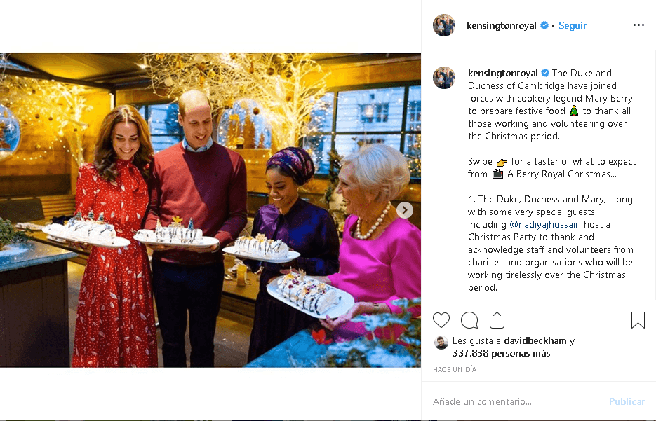 “El duque y la duquesa de Cambridge unieron fuerzas con la leyenda de la cocina Mary Berry para preparar comida festiva para agradecer a todos los que trabajaron y se ofrecieron como voluntarios durante el período navideño”, es el mensaje junto a las fotos de los duques en
<b><a href="https://www.instagram.com/p/B5gaKEyl8Fk/" target="_blank">Instagram</a></b>.
