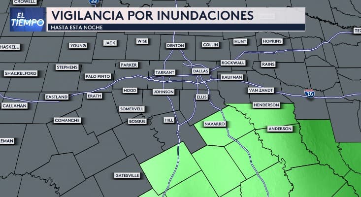 Por la tarde, el sistema se habrá movido hacia el este. Continuará la 
<b>vigilancia por inundaciones en el sur de la región</b>, afectando áreas como 
<b>Navarro, Henderson y Anderson</b>.