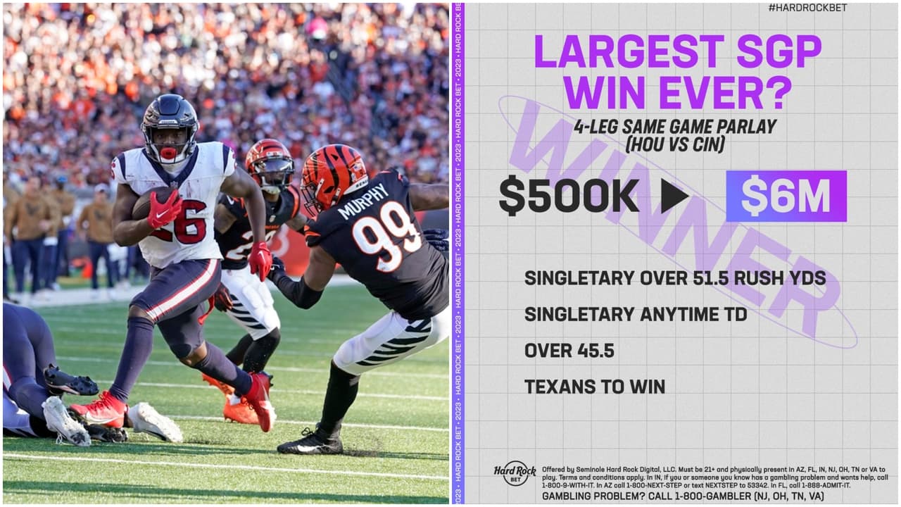 <h2 class="cms-H2-H2">Los 10 mayores ganadores de la historia en Florida</h2>
<br>
<br>
<h2 class="cms-H2-H2">1.- Anónimo (Apuesta: $500,000 | Ganancia: $6 millones) - 2023, NFL</h2>
<br>En noviembre de 2023, 
<a href="https://x.com/HardRockBet/status/1723809897878323268" target="_blank">un apostador anónimo de Florida se llevó 6 millones de dólares</a> a casa luego de un gol de campo en el último segundo del partido de fútbol americano entre los Houston Texans y los Cincinnati Bengals. El apostador realizó su apuesta a través de 
<a href="https://www.hardrock.bet/" target="_blank">Hard Rock Bet</a>, la única casa de apuestas legal en línea de todo el estado. El 12 de noviembre, a solo 5 segundos de que acabara el juego con un marcador empatado 27-27, Matt Ammendola pateó un gol de campo de 38 yardas que llevó a la victoria a los Texans y al afortunado apostador. En su momento, la casa de apuestas identificó la apuesta como histórica en el estado del Sol.