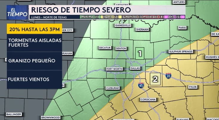 Comenzamos la semana con 
<b>probabilidades de tiempo severo en el norte de Texas</b>: Según el pronóstico, 
<b>podemos esperar tormentas fuertes aisladas, granizo pequeño y ráfagas de viento intensas</b>. Nuestra experta del tiempo Angela Del Río nos mantiene informados.